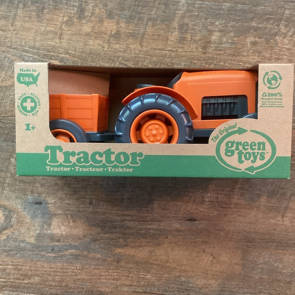 Green Toys orange tractor and wagon, NIB, Made in USA, age 1+